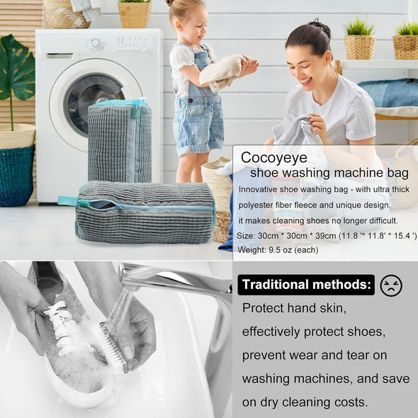 Shoe Washing Machine Bag, Laundry Shoe Bag for Washer and Dryer, Reusable Zipper Plush Sneaker Washing Machine Bag for Shoes, Gym,Tennis Shoes, Sports Delicate Gray 2Pc