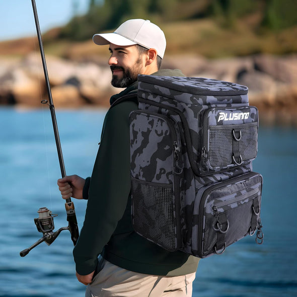 PLUSINNO Fishing Backpack with Rod Holders Tackle Box, 42L Large Water-Resistant Fishing Tackle Bag Store Fishing Gear