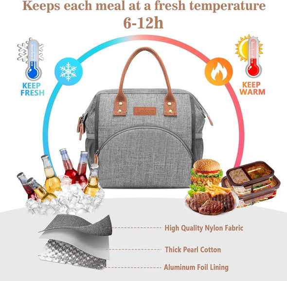 LOKASS Insulated Lunch Bag for Women & Men - Reusable 10 L Lunch Box for Women - Leakproof Tote Cooler Bag for Adults Work, Beach, Travel, Picnic (Grey)