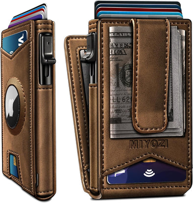 Airtag Wallet Mens Wallet with Money Clip Gift Boxed,Slim Front Pocket Wallet RFID Blocking Pop-Up Card Case in Magnetic Leather Flip