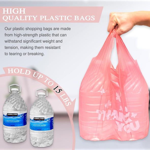 PINK Thank You Bags, 100PCS T Shirt Bags, to Go Bags,Grocery Bags, Reusable and Disposable,Perfect for Small Business,Take Out,Retails,11 Inchx6 Inchx21 Inch(100),Large