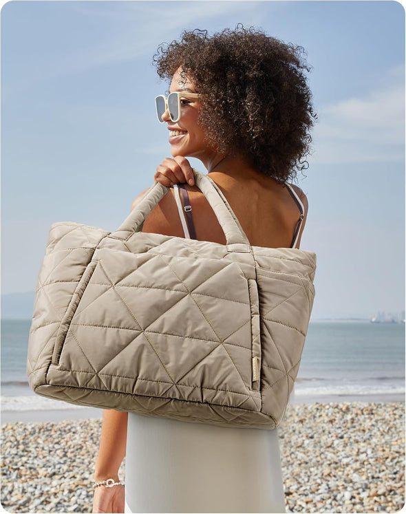 BAGSMART Tote Bag for Women, Puffy Tote Bag with Zipper, Large Quilted Shoulder Bag with Compartments for Travel, Work, Gym