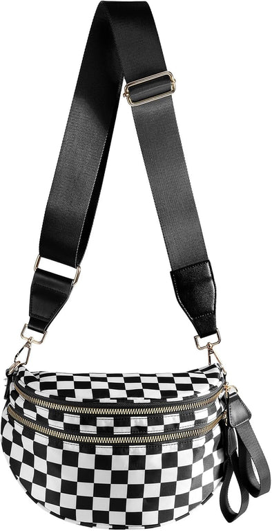 Black and White Checkered Crossbody Bag Bum Bag for Women,Spacious Checkered Purse Fanny Packs Belt Bag