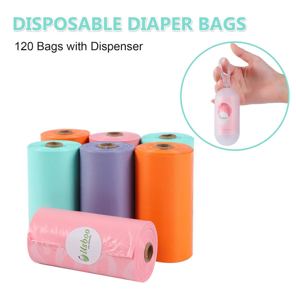 Diaper Bags Disposable for Baby, 8 Refill Rolls/120 Bags Dirty Disposable Diaper Bags with Dispenser, Convenient and Quick Diaper Disposal, Poop Bags,Rainbow