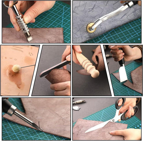 Leather Working Tools Leather Craft Tools for Carving Stamping Sewing Punching Cutting with Custom Custom Storage Bag Professional Tooling Kit for Crafting, Repair & DIY Projects