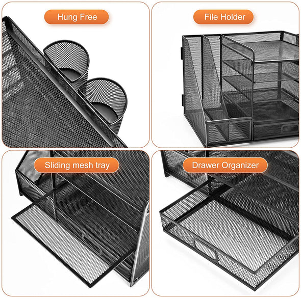 Marbrasse Desk Organizer with File Holder, 5-Tier Paper Letter Tray Organizer with Drawer and 2 Pen Holder, Mesh Desktop Organizer and Storage with Magazine Holder for Office Supplies(Black)