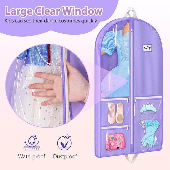 MISSLO Dance Garment Bags for Dancers 40" Garment Bags for Dance Costumes with 3 Pockets Cheer Uniform Garment Bag Hanging Kids Garment Bag for Competition, Travel, 3 Packs, Purple