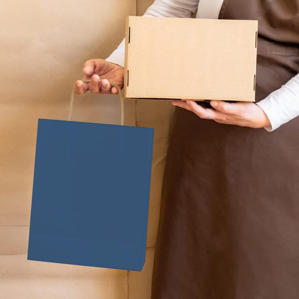 Bagmad 100 Pack 8X4.75X10 Inch Medium Blue Gift Paper Bags with Handles Bulk, Kraft Bags, Craft Grocery Shopping Retail Party Favors Wedding Business Sacks (Blue, 100Pcs)