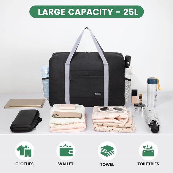 Personal Item Bag for Airlines - Foldable Travel Bag 18X14X8 Small Duffle Bag for Spirit Frontier Weekender Overnight - Black
