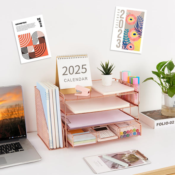 Gianotter Paper Letter Tray Organizer with File Holder, 4-Tier Desk Accessories & Workspace Desk Organizers with Drawer and 2 Pen Holder for Office Supplies (Rose Gold)
