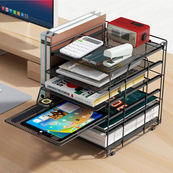 Gianotter Desk Organizers and Accessories, 6-Tier Paper Organizer with File Holder, Document Organizer, Office Decor, Home Office Essentials(Black)