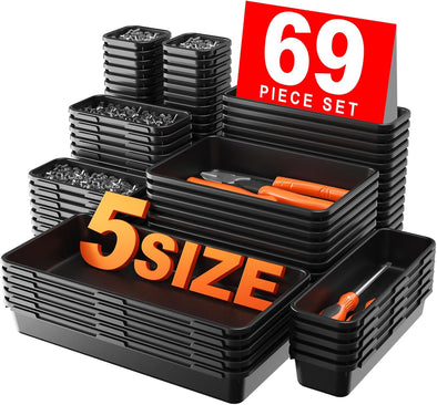 【More Larger Size】A-Lugei【69Pcs】【5 Size】 Tool Box Organizer Tray Divider Set, 【Black】 Desk Drawer Organizer, Garage Organization and Storage Toolbox for Rolling Tool Chest Cart Cabinet Workbench Parts