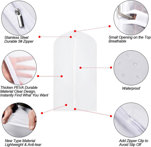 Hanging Garment Bags Cover 24''X48'' Lightweight Clear White Suit Protector Cover Bag (Pack of 6) with Study Full Zipper for Suit Clothes Storage Closet