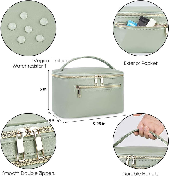 Wandering Nature Makeup Bag, Travel Make up Organizer Cosmetic Brush Bags Case for Women in Vegan Leather, Sage Green, Patent Pending