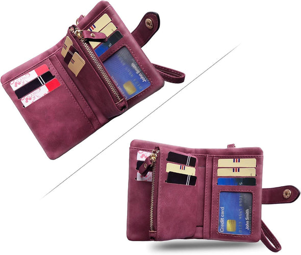 Pofeexio Womens Small Bifold Leather Wallets RFID Ladies Wristlet with Card Slots Id Window Zipper Coin Purse