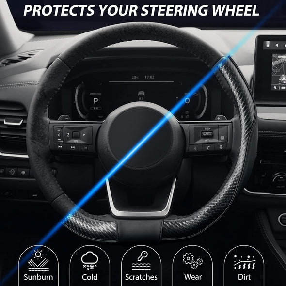 SEG Direct Flat Bottom Steering Wheel Cover Carbon Fiber, D Shaped Car Wheel Cover 14 1/2-15 In. (37-39 Cm), Black Microfiber Leather with Carbon Fiber Pattern