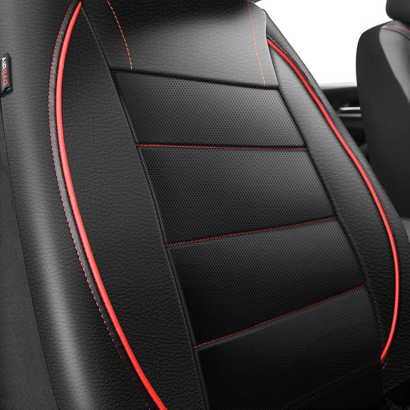 CAR PASS Universal FIT Piping Leather Two Front Seat Covers, Waterproof Faux Leather for SUV Sedan Van Truck, Airbag Compatible,Reserved Opening Holes for Headrest Covers. (Black Red)