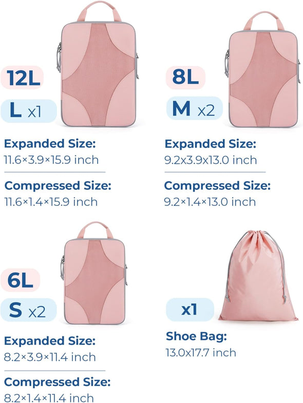 BAGSMART Compression Packing Cubes for Travel, Compressible Luggage Organizer for Cruise Ship, Lightweight Travel Essentials 6-Pack 1L+2M+2S+1Shoe Bag