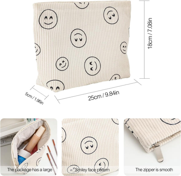 Cosmetic Bag Makeup Bag Preppy Cute Corduroy Toiletry Bag for Women Travel Essentials (Full Beige)