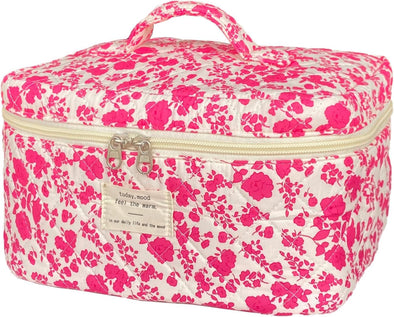 Rose Red Large Quilted Floral Makeup Bag Cute Soft Coquette Aesthetic Cosmetic Bag Cotton Travel Toiletry Bag for Women