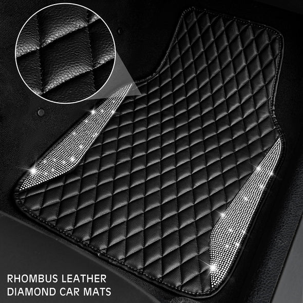 CAR PASS Leather Car Mats, Shining Diamond Anti Slip Floor Mats for Women, 5pcs Black Silver