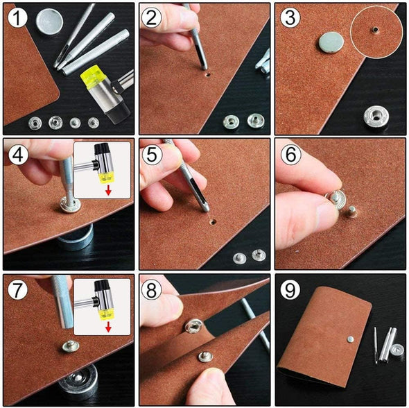 Qfun 120 Set Snap Fasteners Kit for Leather 12Mm Metal Button Snaps Press Studs with 4 Setter Tools, 1 Hammer, 4 Color Leather Snaps for Clothes, Jackets, Jeans Wears, Bracelets, Bags