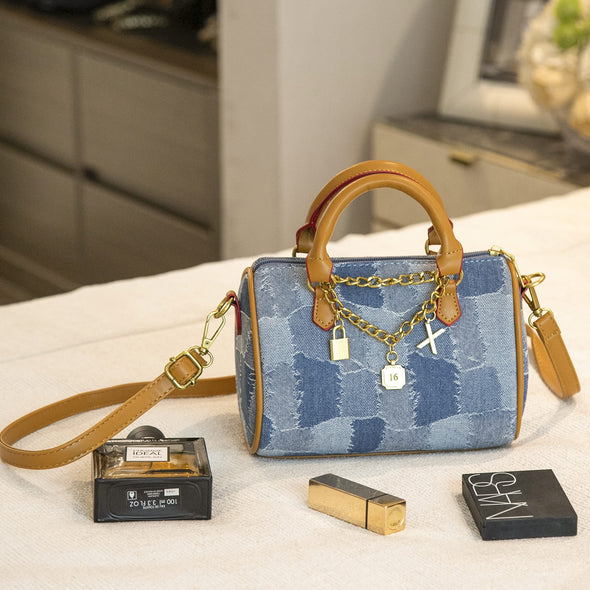 JOZZYAPA Mini Denim Boston Barrel Bags, Quilted Checkered Handbag, Crossbody bags