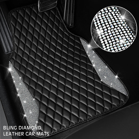 CAR PASS Leather Car Mats, Shining Diamond Anti Slip Floor Mats for Women, 5pcs Black Silver