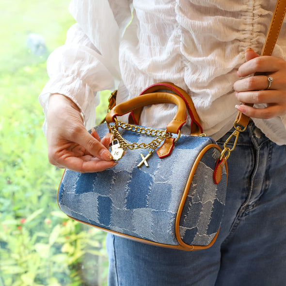 JOZZYAPA Mini Denim Boston Barrel Bags, Quilted Checkered Handbag, Crossbody bags