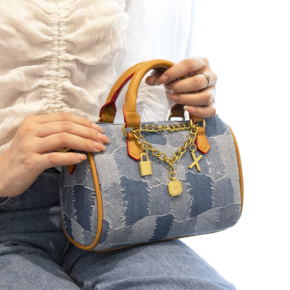 JOZZYAPA Mini Denim Boston Barrel Bags, Quilted Checkered Handbag, Crossbody bags