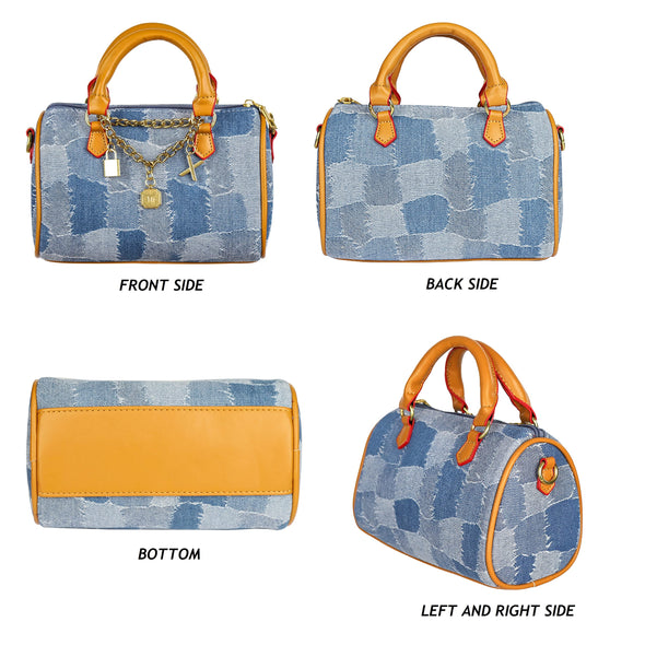 JOZZYAPA Mini Denim Boston Barrel Bags, Quilted Checkered Handbag, Crossbody bags