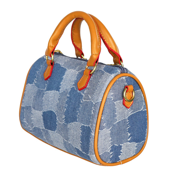 JOZZYAPA Mini Denim Boston Barrel Bags, Quilted Checkered Handbag, Crossbody bags