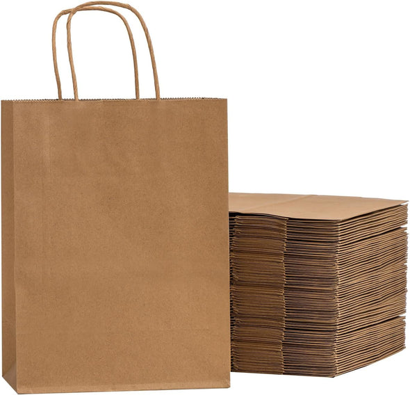 RACETOP Brown Paper Bags with Handles Bulk 100Pcs 8X4.5X10.8 Inch Gift Bags Bulk, Brown Kraft Paper Bags for Retail, Party, Shopping, Favor