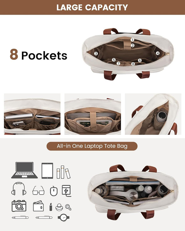 LOVEVOOK Laptop Bag for Women 15.6 Inch Canvas Laptop Large Capacity Work Bags Mutiple Pockets Teacher Bag Water Resistant Computer Bags for Business Travel Nurse, Black Brown