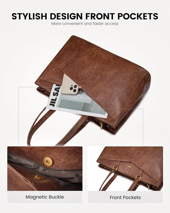 LOVEVOOK Laptop Bag for Women,15.6 Inch Laptop Tote Bag for Women,Vintage Leather Work Tote Bags Computer Business Teacher Bag,Waterproof Office Briefcase