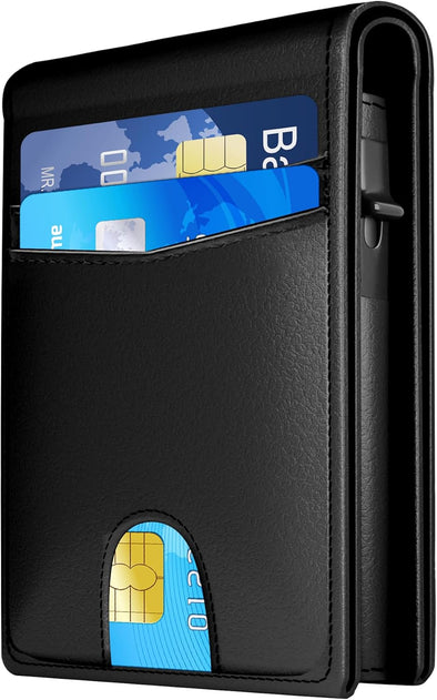 Wallet for Men - RFID Blocking [Functional & Practical] Bifold Slim Minimalist Credit Card Holder Pop up Metal Case with Cash Slot, Front Pocket with ID Window, Gift Boxed (BLACK)