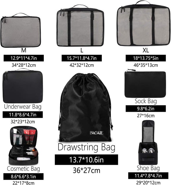 BAGAIL 8 Set Packing Cubes Luggage Packing Organizers for Travel Accessories (Jet Black)