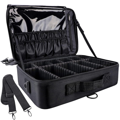Gzcz Large Capacity Travel Makeup Train Case 16.5 Inches Professional Makeup Cosmetic Case Portable Artist Cosmetics Brushs Organizer Storage Bag with Adjustable Dividers and Shoulder Strap (Black)