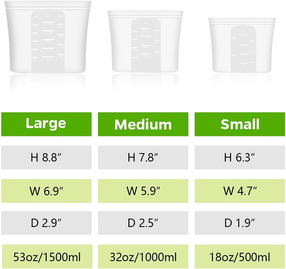 Reusable 100% Silicone Food Storage Bags, Sandwich Snack Bags New Generation Stand up Zip Container for Soup and Leftovers, Plastice & BPA Free, Microwave Oven Safe 3 Pack (51Oz, 34Oz, 17Oz)