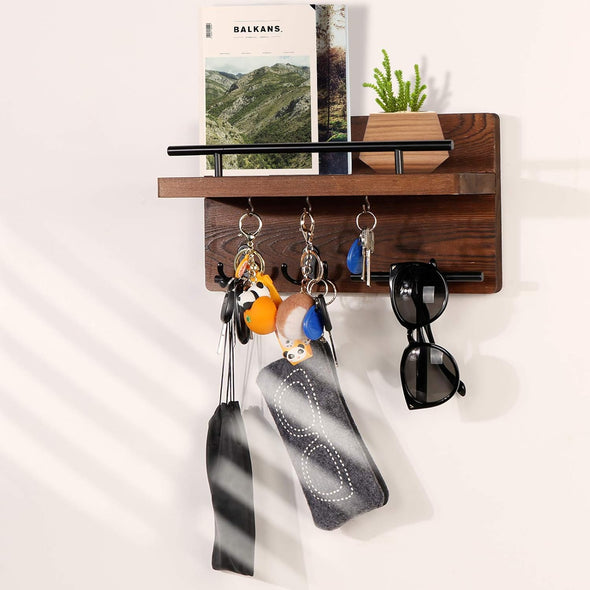 Ourwarm Wall Mounted Key Holder/Hangers for Wall Decorative with 5 Key Hooks, Wooden Mail Rack Organizer with Shelf, Rustic Home Decor for Entryway Mudroom Hallway Office, Brown