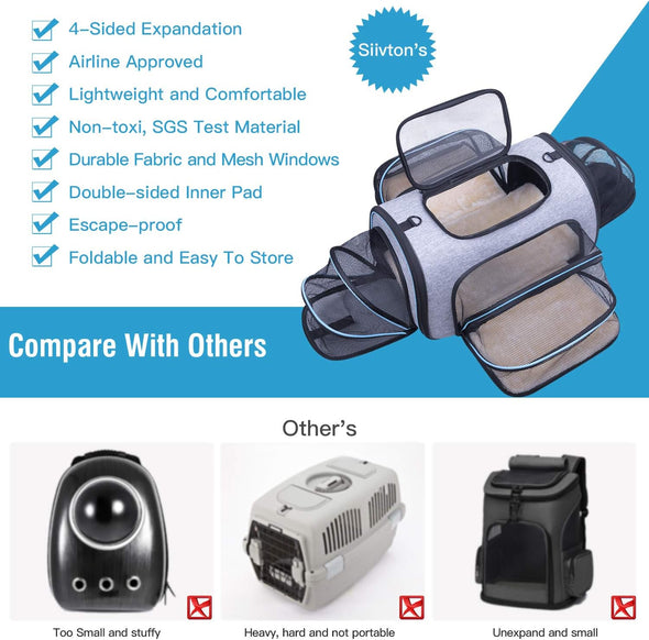 Siivton 4 Sides Expandable Pet Carrier, Airline Approved Soft-Sided Dog Cat Carrier Bag with Fleece Pad for Cats, Puppy and Small Animals (4 Extension Gray_Blue, L:18.0" L X 11.0" W X 11.0" H)