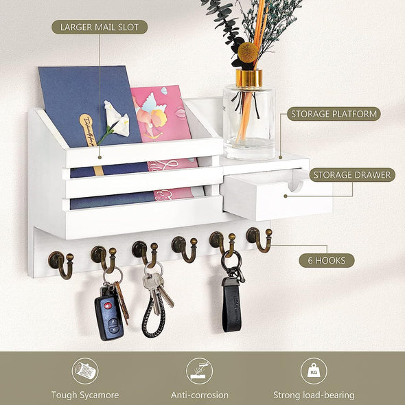 Key and Mail Holder for Wall, Mail Organizer Wall Mount with 6 Hooks and Storage Drawer, Easy Installation Key Rack for Entryway and Home Decor (A-White)