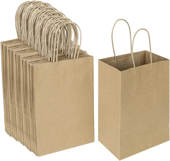 Oikss 100 Pack 5.25X3.25X8.25 Inch Small Plain Natural Kraft Paper Gift Bags with Handles Bulk for Birthday Party Favors Grocery Retail Shopping Business Goody Craft Bags Cub Sacks (Brown 100 Count)