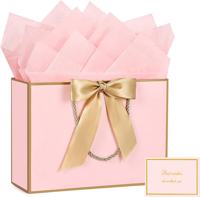 JMANNI Gift Bags, 1PCS Gift Bags Large with Ribbon and 1 Greeting Cards 2 Tissue Paper, Portable Paper Gift Bag with Handles, Birthday Gift Bags,Present Bags for Wedding Party Mothers Day. 12.6''X9.84''X4''(Pinkgolden)