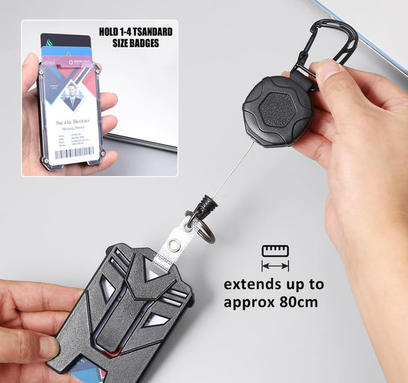 Badge Holder Retractable Clip Heavy Duty Carabiner Badge Reel Keychain with Lanyard ID Cards Holder Cool Tactical ID Holder