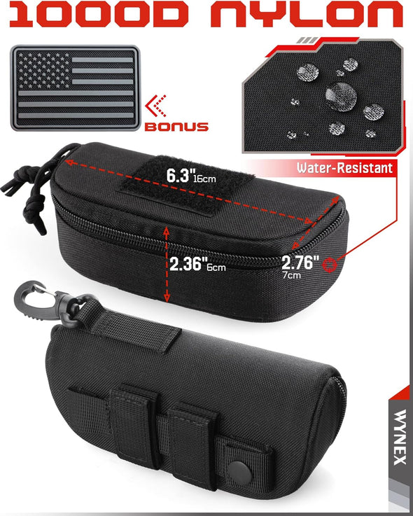 WYNEX Tactical Molle Glasses Pouch, Shockproof Eyeglasses Case Hard Shell, Sunglasses Case with Clip and Zipper, Protective Box with Flag Patch, for Most Glasses, Sunglasses, Goggles
