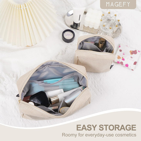 MAGEFY Small Makeup Bag for Purse Mini Cosmetics Bag Corduroy Cute Cosmetic Pouch for Women with Slip-In Pockets