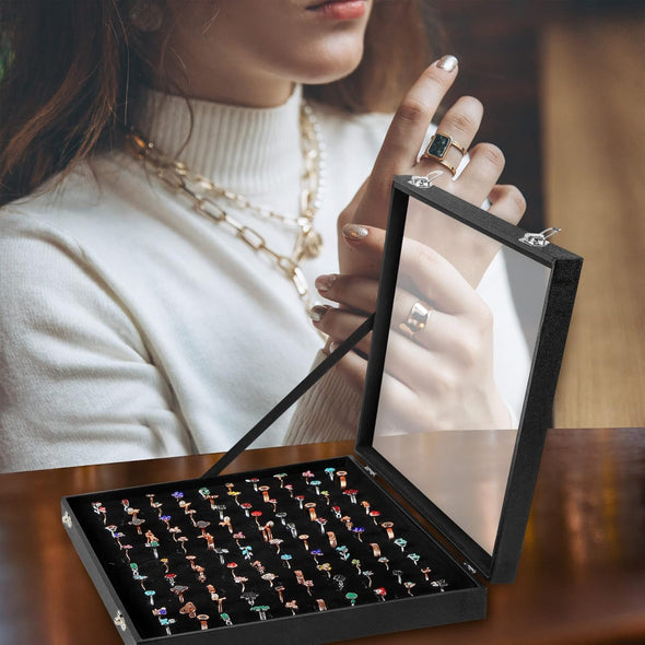 Ring Display Case Organizer Box with Transparent Lid, 100 Slots Ring Storage Display Box Case Tray Holder PU Leather Black