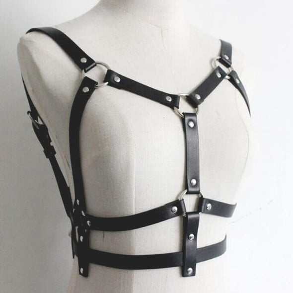 Wiwpar Punk Black Leather Chest Harness Body Waist Chain Belt Rave Nightclub Sexy Belly Bra Jewelry Accessory for Women Girls