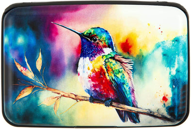 Credit Card Holder for Women Men RFID Blocking Wallet Small Business Metal Slim Mini Aluminum Hard Case (Watercolor Painting Hummingbird)